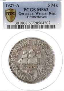 5 marek 1927 A, Berlin, 100-lecie portu w Bremie (100 Jahre Bremerhaven), AKS 61, J. 326, moneta w pudełku firmy PCGS z oceną MS 63, pięknie zachowana z dużym blaskiem menniczym