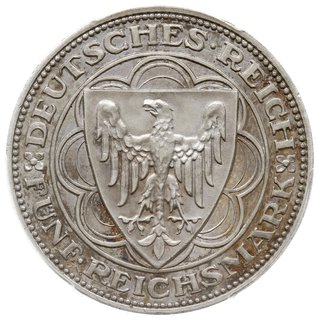 5 marek 1927 A, Berlin, 100-lecie portu w Bremie (100 Jahre Bremerhaven), AKS 61, J. 326, moneta w pudełku firmy PCGS z oceną MS 63, pięknie zachowana z dużym blaskiem menniczym
