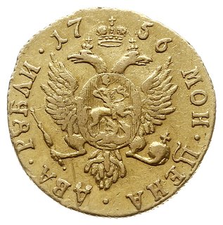 2 ruble 1756, Krasnyj Dvor (Moskwa), złoto 3.20 g, Bitkin 52 (R), Diakov 379-383 (nie notuje takiego wariantu z dwukropkiem za ВСЕРОС: i bez kropki po dacie), rzadkie