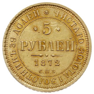 5 rubli 1872 СПБ HI, Petersburg, złoto 6.57 g, Bitkin 20, Fr. 163, drobne rysy w tle, ale bardzo ładna moneta
