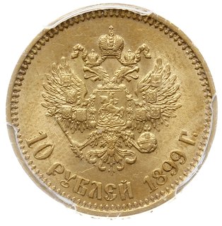 10 rubli 1899 (А.Г), Petersburg, złoto 8.60 g, Bitkin 4, Kazakov 149, moneta w pudełku firmy PCGS z oceną MS64, wyśmienicie zachowana