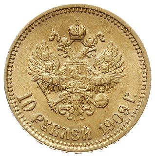 10 rubli 1909 (Э.Б), Petersburg, złoto 8.60 g, Bitkin 14 (R), Kazakov 359, rzadszy rocznik, uderzone na obrzeżu, ale bardzo ładne