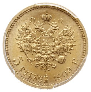 5 rubli 1909 ЭБ, Petersburg, złoto, Bitkin 34 (R), Kazakov 360, moneta w pudełku firmy PCGS z oceną MS65, wyśmienity stan, rzadkie