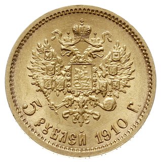 5 rubli 1910 ЭБ, Petersburg, złoto 4.30 g, Bitkin 36 (R), Kazakov 377, rzadki rocznik i pięknie zachowane