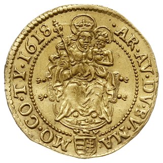 Maciej II 1608-1619, dukat 1618 KB, Krzemnica, złoto 3.44 g, Huszar 1083 (ale odmiana z Madonną siedzącą na poduszce zamiast tronu), Fr. 81, lekko gięty, ale ładnie zachowany