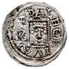 denar 1146-1157, Aw: Książę z mieczem trzymanym poziomo siedzący na tronie na wprost, BOLEZLAVS, R..