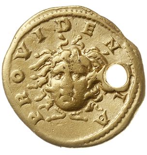 aureus 202-210, Aw: Popiersie Septymiusza w prawo, SEVERVS PIVS AUG, Rw: Głowa Gorgony Meduzy na wprost, PROVIDENTIA, RIC 285 (R3), C. 589 (350 Fr), złoto 6.99 g, przedziurawiony, niezmiernie rzadka moneta dawno nie będąca w handlu, bardzo wysoka wycena u Cohena i duża rzadkość w Roman Imperial Coinage świadczą o ogromnie rzadkim spotykaniu tej monety