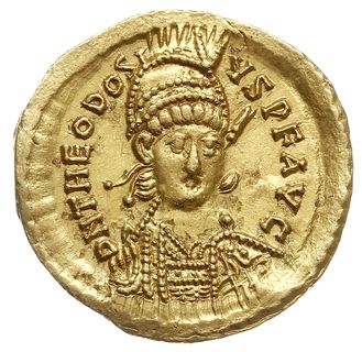solidus 441-450, Konstantynopol, Aw: Popiersie cesarza na wprost, D N THEODOSIVS P F AVG, Rw: Constantinopolis siedząca na tronie w lewo, trzymająca jabłko z krzyżem i berło, IMP XXXXII COS XVII P P, w odcinku COMOB, RIC 285 (R3), złoto 4.41 g, bardzo ładnie zachowany
