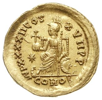 solidus 441-450, Konstantynopol, Aw: Popiersie cesarza na wprost, D N THEODOSIVS P F AVG, Rw: Constantinopolis siedząca na tronie w lewo, trzymająca jabłko z krzyżem i berło, IMP XXXXII COS XVII P P, w odcinku COMOB, RIC 285 (R3), złoto 4.41 g, bardzo ładnie zachowany