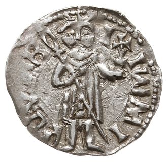 ducati (półgrosz), typ \bizantyjski, Aw: Postać Mircei na wprost z ukośnie trzymaną włócznią oraz globem z krzyżem