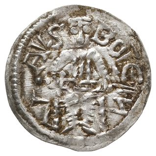 Denar 1146-1157, Aw: Cesarz z mieczem trzymanym poziomo siedzący na tronie na wprost, BOLEZLAVS, Rw: Głowa w prostokątnej ramce, S ADALBERTVS, Gum.H. 88, Str. 51, Such. XIX/1, Kop. 54 (R3), srebro 0.51 g, rzadsza odmiana, bardzo ładny