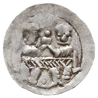Denar 1146-1157, Aw: Dwaj książęta za stołem, Rw