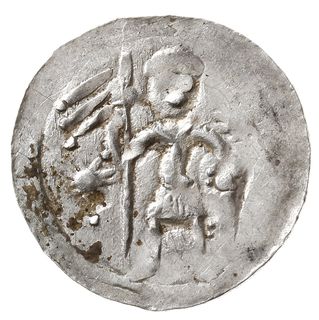Denar 1146-1157, Aw: Dwaj książęta za stołem, Rw