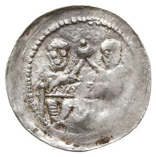 Denar 1146-1157, Aw: Dwaj książęta za stołem, Rw: Rycerz z proporcem i tarczą, Gum.H. 93, Kop. 56 (R1), Str. 59, Such. XIX/2, srebro 0.54 g