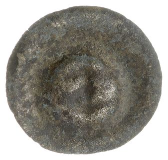 brakteat z początku XIV wieku, Herb Bogoria (strzała zakończona grotami z obu stron, w środku strzały kulka, Kop. 241 (R6)