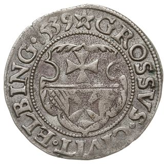 grosz 1539, Elbląg, na awersie PRVS, miecz z prawej strony Orła, na rewersie gwiazda po dacie, PN.13-Dut.140