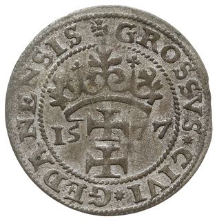 grosz oblężniczy 1577, Gdańsk, odmiana bez kawki”, na awersie głowa Chrystusa przerywa wewnętrzną obwódkę, Tyszk. 2.50, patyna, dość ładny
