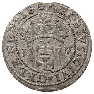 grosz oblężniczy 1577, Gdańsk, odmiana bez kawki”, na awersie głowa Chrystusa przerywa wewnętrzną obwódkę, Tyszk. 2.50, niecentrycznie wybity, ale przyzwoity egzemplarz