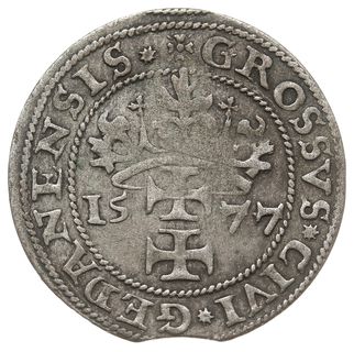 grosz oblężniczy 1577, Gdańsk, odmiana bez kawki”, na awersie Głowa Chrystusa przerywa wewnętrzną obwódkę, Tyszk. 2.50, rzadsza odmiana z gwiazdką na końcu napisu na rewersie, patyna
