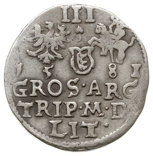trojak 1581, Wilno, bardzo rzadki typ monety - z listkiem (znakiem mennicy winleńskiej) nad herbem Batorych, Iger V.81.4.a (R5), Ivanauskas 4SB25-10, Tyszk. 40