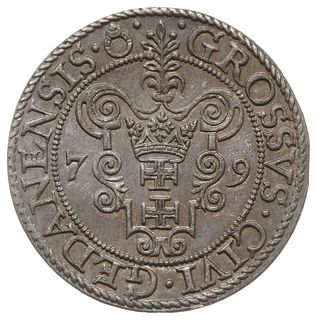 grosz 1579, Gdańsk, odmiana z kropką kończącą napis na awersie, CNG 130, Kop. 7433 (R2), z subtelną patyną, pięknie zachowany