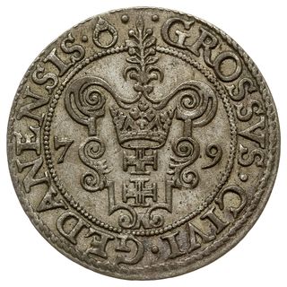 grosz 1579, Gdańsk, odmiana z kropką kończącą napis na awersie, CNG 130, Kop. 7433 (R2), patyna, bardzo ładny