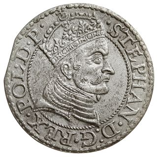 grosz 1579, Gdańsk, odmiana z kropką kończącą napis na awersie, CNG 130, Kop. 7433 (R2), moneta z końca blachy, ale bardzo ładny z dużym blaskiem menniczym