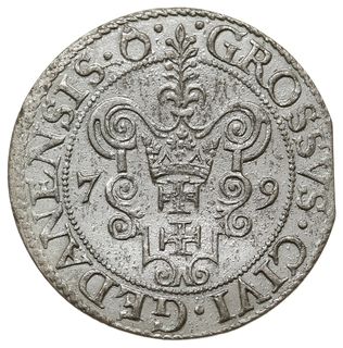 grosz 1579, Gdańsk, odmiana z kropką kończącą napis na awersie, CNG 130, Kop. 7433 (R2), moneta z końca blachy, ale bardzo ładny z dużym blaskiem menniczym