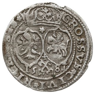 grosz 1581, Ryga, rzadki typ monety - na rewersie herby Rzeczpospolitej i pełna data poniżej, Gerbaszewski 2.2, Tyszk. 8, rzadki