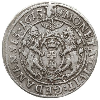 ort 1615, Gdańsk, mała głowa króla z szeroką kryzą, łapa niedźwiedzia w tarczy, na awersie krzyżyk kończy napis, Shatalin G15-14 (R)