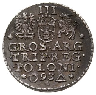 trojak 1593, Malbork, odmiana z nieco dłuższą brodą króla, Iger M.93.1.a, ciemna patyna, bardzo ładny