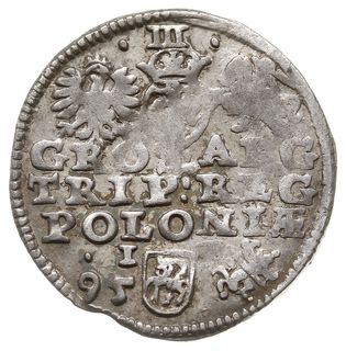 trojak 1595, Lublin, odmiana ze skróconą datą z lewej strony herbu Lewart i znaczkiem lewek” (Daniela Koste) z prawej strony herbu, Iger L.95.5.a (R5), lekko niedobity, ale bardzo rzadki