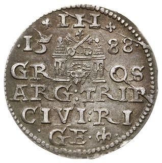trojak 1588, Ryga, odmiana z większą głową króla, Iger R.88.2.a(R1), Gerbaszewski 15, rewers monety wybity nieco uszkodzonym stemplem, patyna