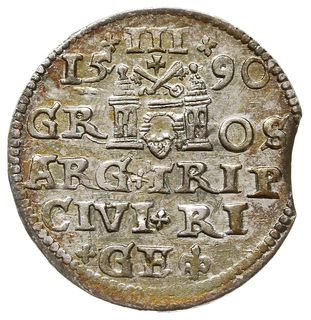 trojak 1590, Ryga, odmiana z mniejszym popiersiem króla, Iger R.90.1.e, Gerbaszewski 24, moneta wycięta z krawędzi blachy, patyna, ładny