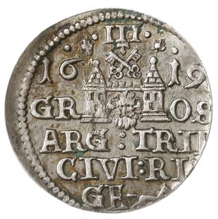 trojak 1619, Ryga, odmiana z małym popiersiem króla, Iger R.19.1.a (R3), Gerbaszewski 1.17, delikatna patyna, moneta wybita niecentrycznie, rzadka i w ładnym stanie zachowania