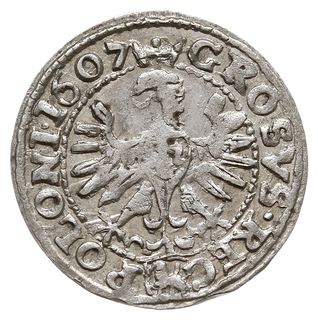 grosz 1607, Kraków, popiersie w obwódce, ma rewersie herb Lewart, ładny