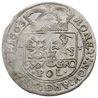tymf (złotówka) 1663, Bydgoszcz, inicjały A-T (Andrzej Tymf, dzierżawca mennicy krakowskiej) po bokach tarczy herbowej, pięknie zachowany jak na ten typ monety