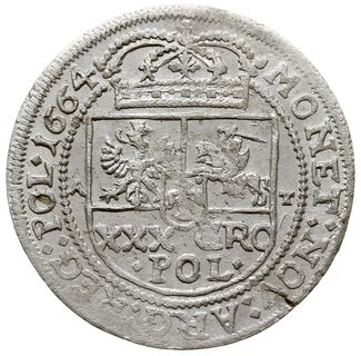 tymf (złotówka) 1664, Bydgoszcz, inicjały A-T po bokach tarczy herbowej, typ monety rzadko spotykany w tak pięknym stanie zachowania