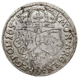 szóstak 1657 I-T, Kraków, na rewersie dwa kwiatki, moneta wybita w czasie okupacji szwedzkiej, bardzo ładny
