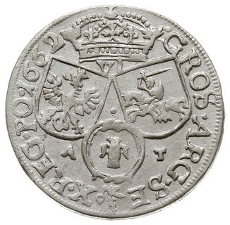 116 - szóstak 1662 A-T, Kraków, odmiana z herbem Ślepowron na rewersie i bez obwódek wewnętrznych po obu stronach, piękny