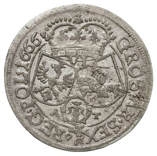 szóstak 1666 AT, Kraków, odmiana z herbem Ślepowron, zielonkawa patyna, ładny egzemplarz z dużym blaskiem menniczym
