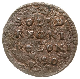 szeląg miedziany 1650, Wschowa, na awersie monogram króla ICR, poniżej herb Wazów, Tyszk. 3, ślady korozji, wady mennicze bicia, ale dość rzadki typ monety