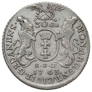 30 groszy (złotówka) 1763, Gdańsk, mały wieniec nad herbem miasta, Kahnt 720, Slg. Marienburg 8646, ładne