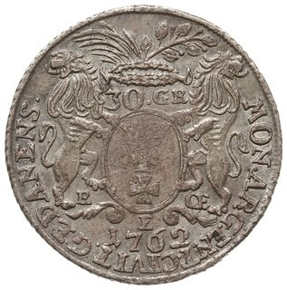 30 groszy (złotówka) 1762, Gdańsk, odmiana z dużym wieńcem nad herbem miasta, Kahnt 719 wariant a, Merseb. 1749, patyna