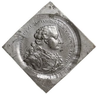 klipa próbnego talara 1765, wybita pękniętym stemplem w cynie, 31.68 g, moneta autorstwa Morikofera wykonana w Londynie i odrzucona przez króla. Znane są: srebrna odbitka w British Museum oraz trzy egzemplarze w cynie ze zbioru hr. Morsztyna. Zbór ten zakupił hr. Hutten-Czapski. Jeden egzemplarz pozostawił sobie, drugi odstąpił hr. Sobańskiemu, trzeci zaginął, pozycja z aukcji WCN31/646, rzadka