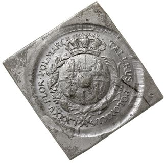 klipa próbnego talara 1765, wybita pękniętym stemplem w cynie, 31.68 g, moneta autorstwa Morikofera wykonana w Londynie i odrzucona przez króla. Znane są: srebrna odbitka w British Museum oraz trzy egzemplarze w cynie ze zbioru hr. Morsztyna. Zbór ten zakupił hr. Hutten-Czapski. Jeden egzemplarz pozostawił sobie, drugi odstąpił hr. Sobańskiemu, trzeci zaginął, pozycja z aukcji WCN31/646, rzadka