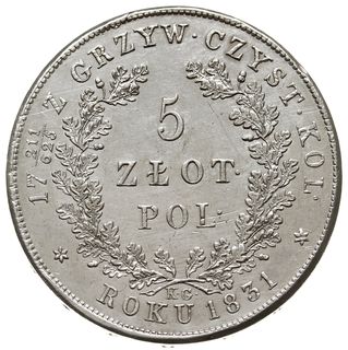 5 złotych 1831, Warszawa, Plage 272, Bitkin 2 (R), nieznaczne uszkodzenia obrzeża, ale bardzo ładna prezencja