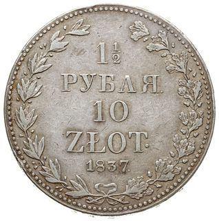 1 1/2 rubla = 10 złotych 1837, Warszawa, odmiana z dużymi cyframi daty, Plage 333, Bitkin 1133, lekko czyszczone, ale przyzwoity egzemplarz