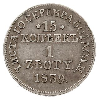 15 kopiejek = 1 złoty 1839, Warszawa, odmiana z kropką po dacie, Plage 412, Bitkin 1172, patyna, ładne
