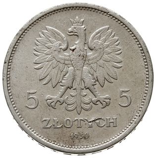 5 złotych 1930, Warszawa, Nike”, Parchimowicz 114.c, na awersie uszkodzenie mechaniczne, ale rzadki rocznik